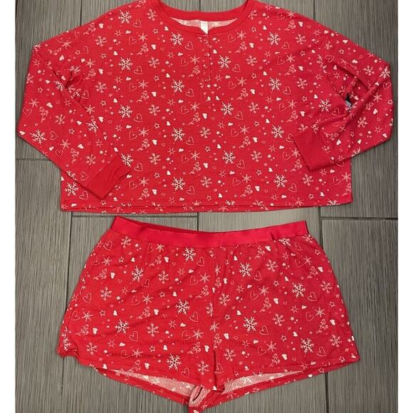 Arizona Body Juniors Waffle Long Sleeve 2pc. Shorts Pajama Set Red Heart XXL NWT - Picture 1 of 10